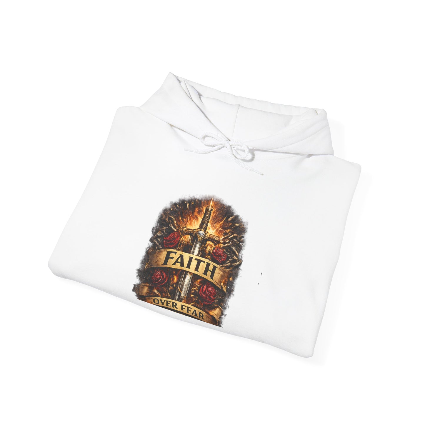 Faith Over Fear Hoodie — Inspirational Christian Pullover with Cross and Banner Design