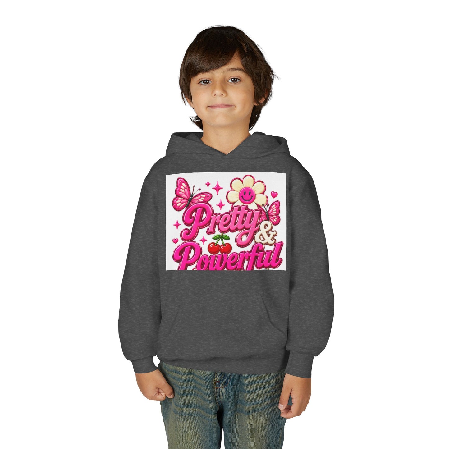 Pretty & Powerful Youth Hoodie | Pink Flower Butterfly Design