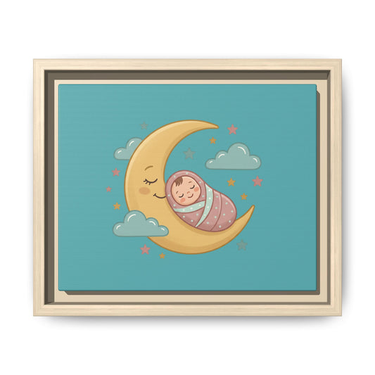 Framed Baby Moon Nursery Canvas – Cute Sleeping Baby on Crescent Moon Wall Art