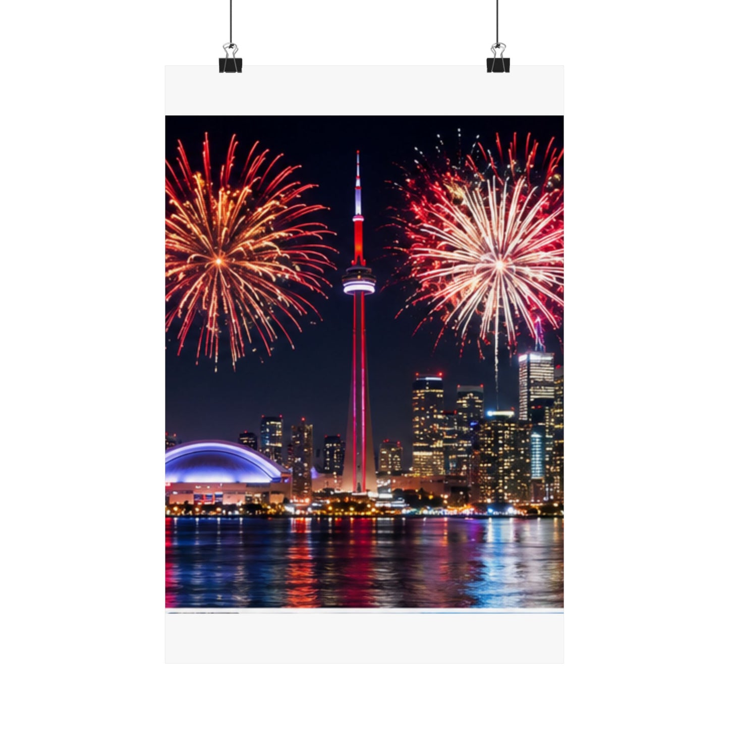 CN Tower Fireworks Matte Vertical Poster — Toronto Skyline Night Celebration Wall Art