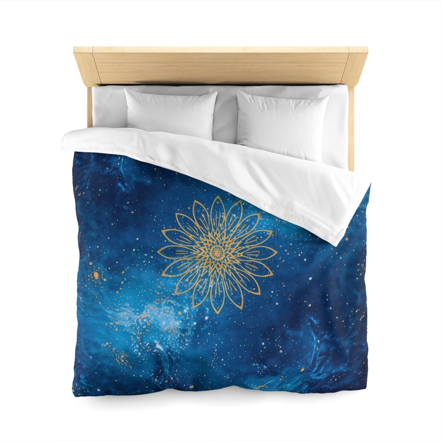 Galaxy Mandala Duvet Cover — Blue Cosmic Bedding with Gold Floral Mandala