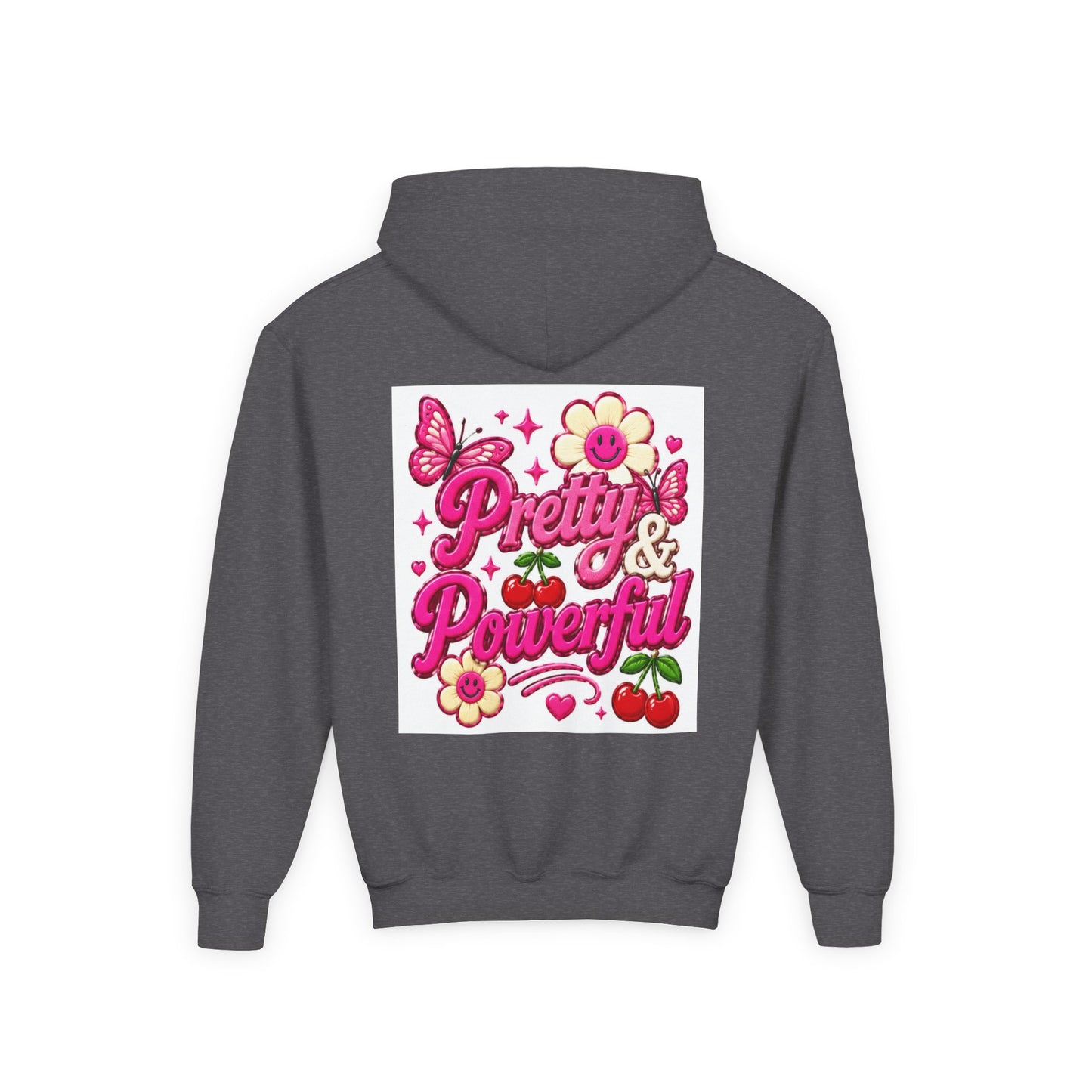 Pretty & Powerful Youth Hoodie | Pink Flower Butterfly Design
