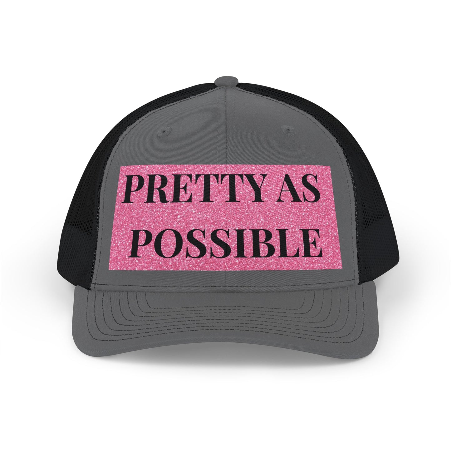 PRETTY AS POSSIBLE Snapback Hat | Pink Glitter Text Trucker Cap