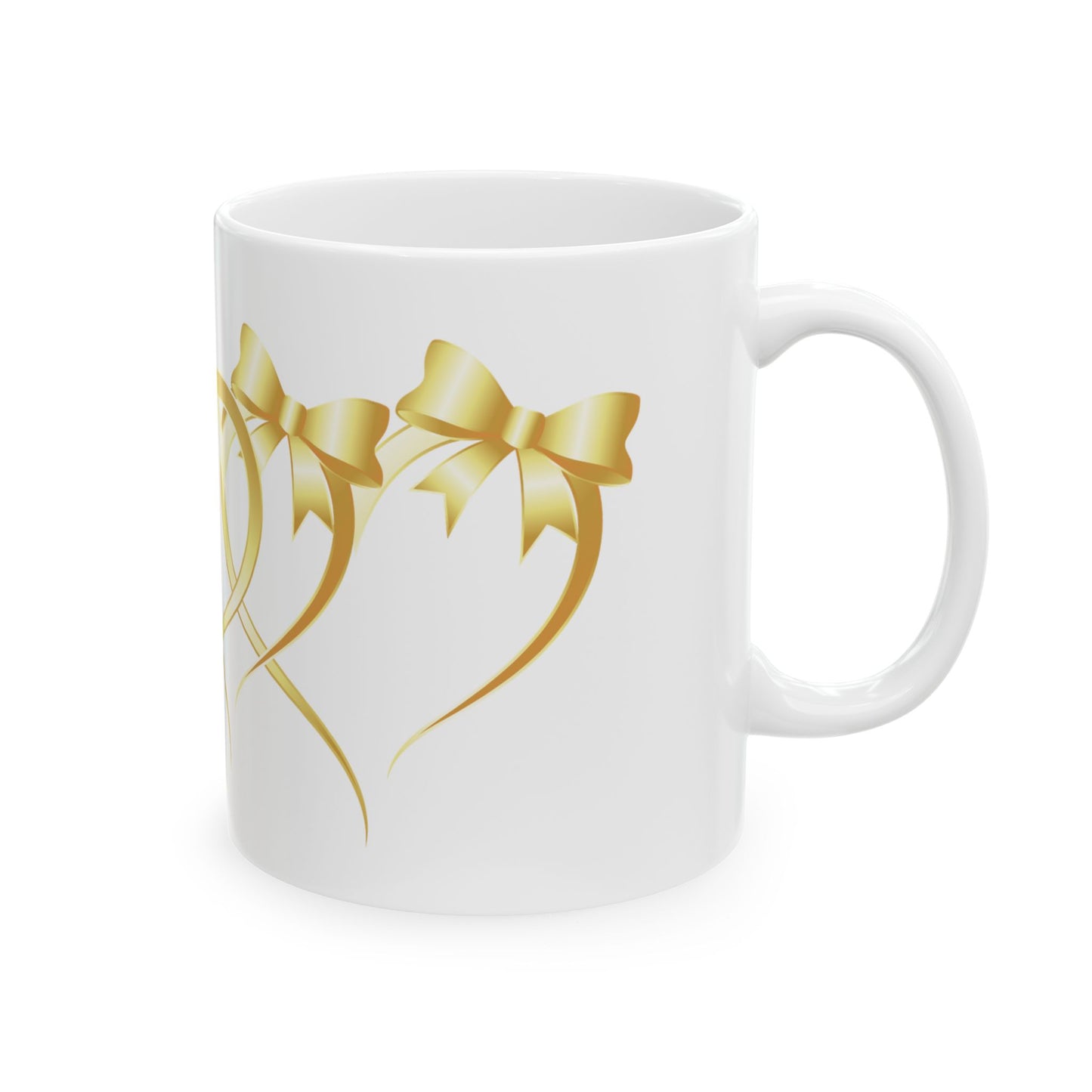 Gold Ribbon Heart Ceramic Mug — Elegant Wedding & Anniversary Gift (11oz, 15oz)