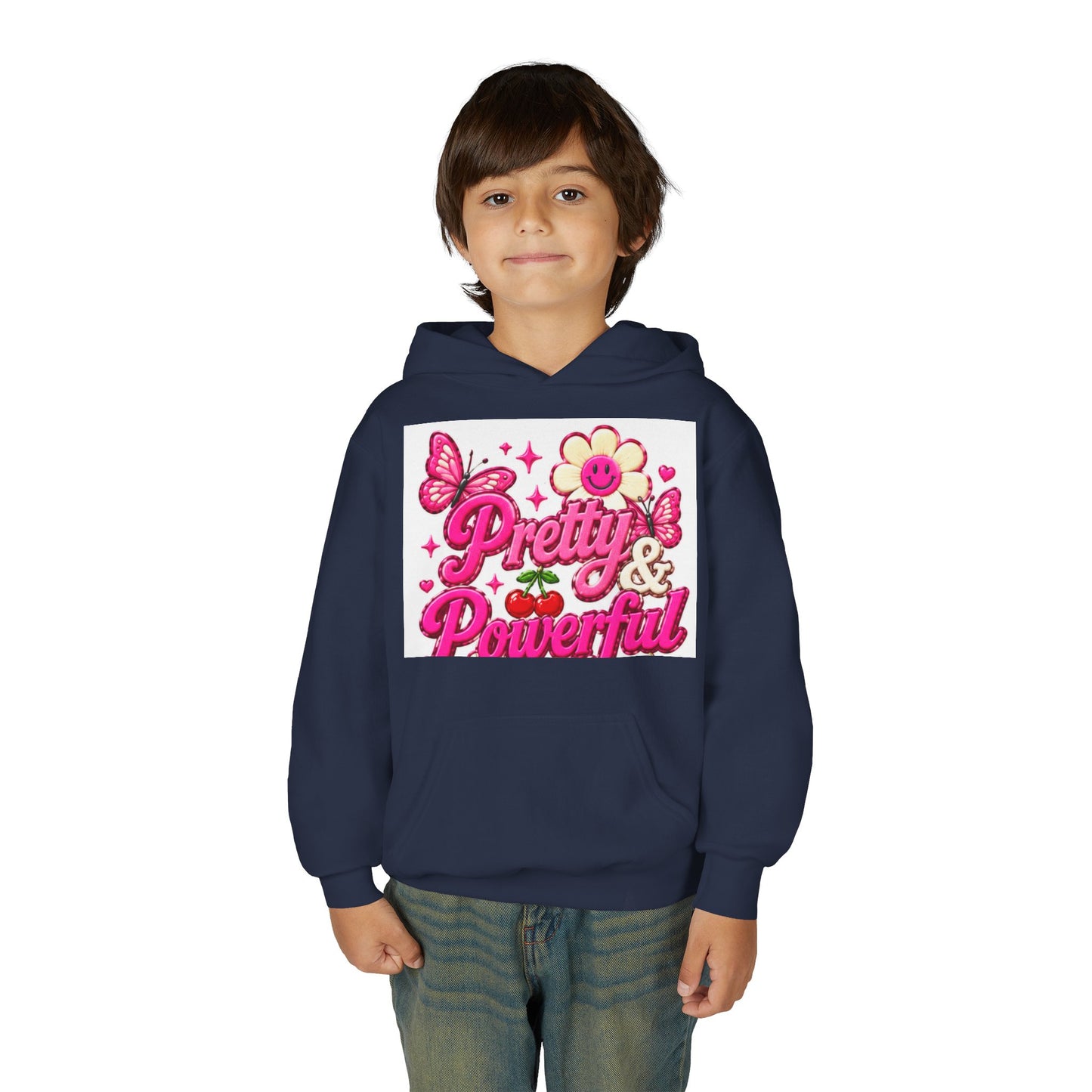 Pretty & Powerful Youth Hoodie | Pink Flower Butterfly Design