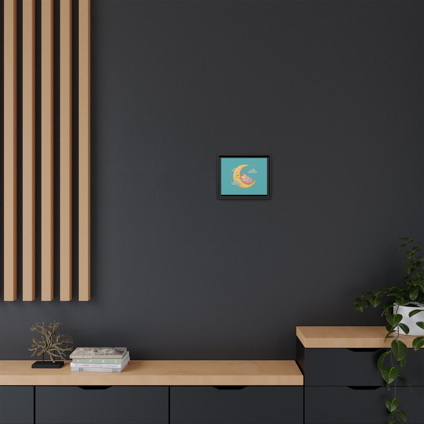 Framed Baby Moon Nursery Canvas – Cute Sleeping Baby on Crescent Moon Wall Art