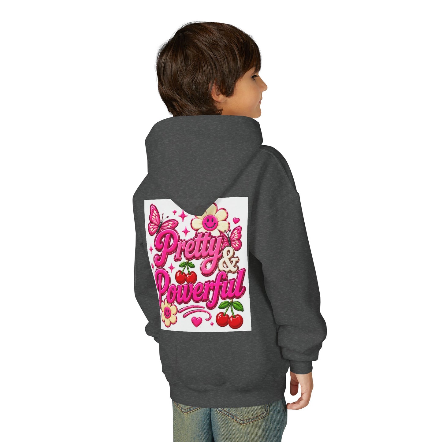 Pretty & Powerful Youth Hoodie | Pink Flower Butterfly Design