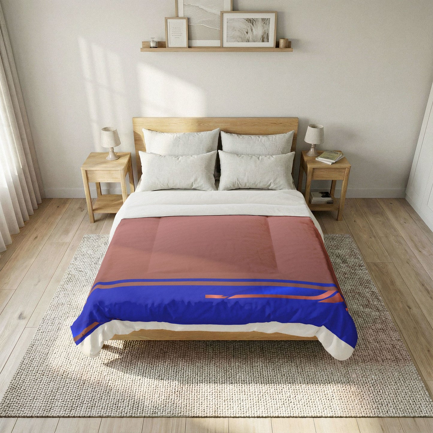 Golden Ribbon Cotton Comforter – Modern Minimalist Bedspread with Blue & Red Accents