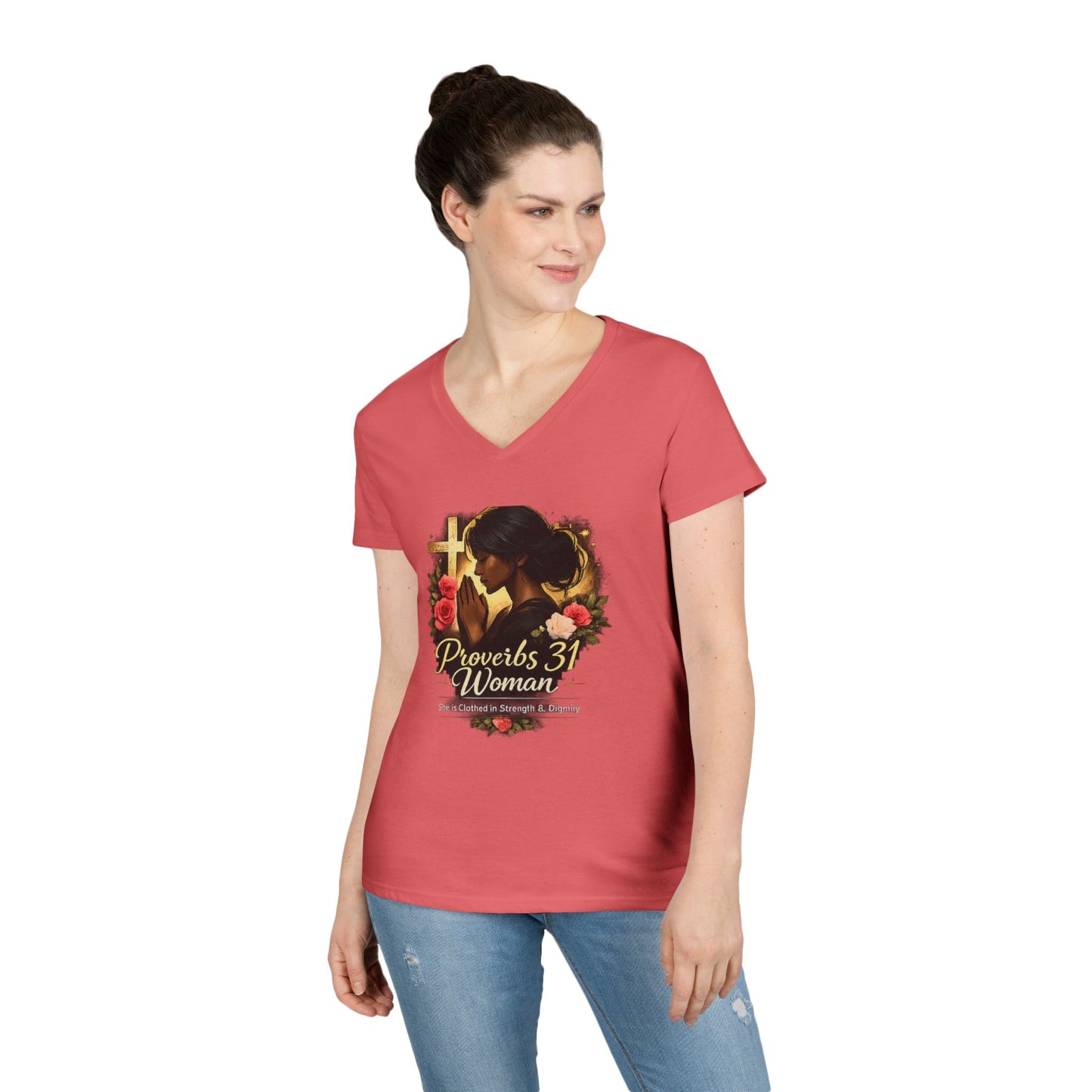 Proverbs 31 Woman V-Neck Tee — Faithful Christian Ladies Floral Shirt