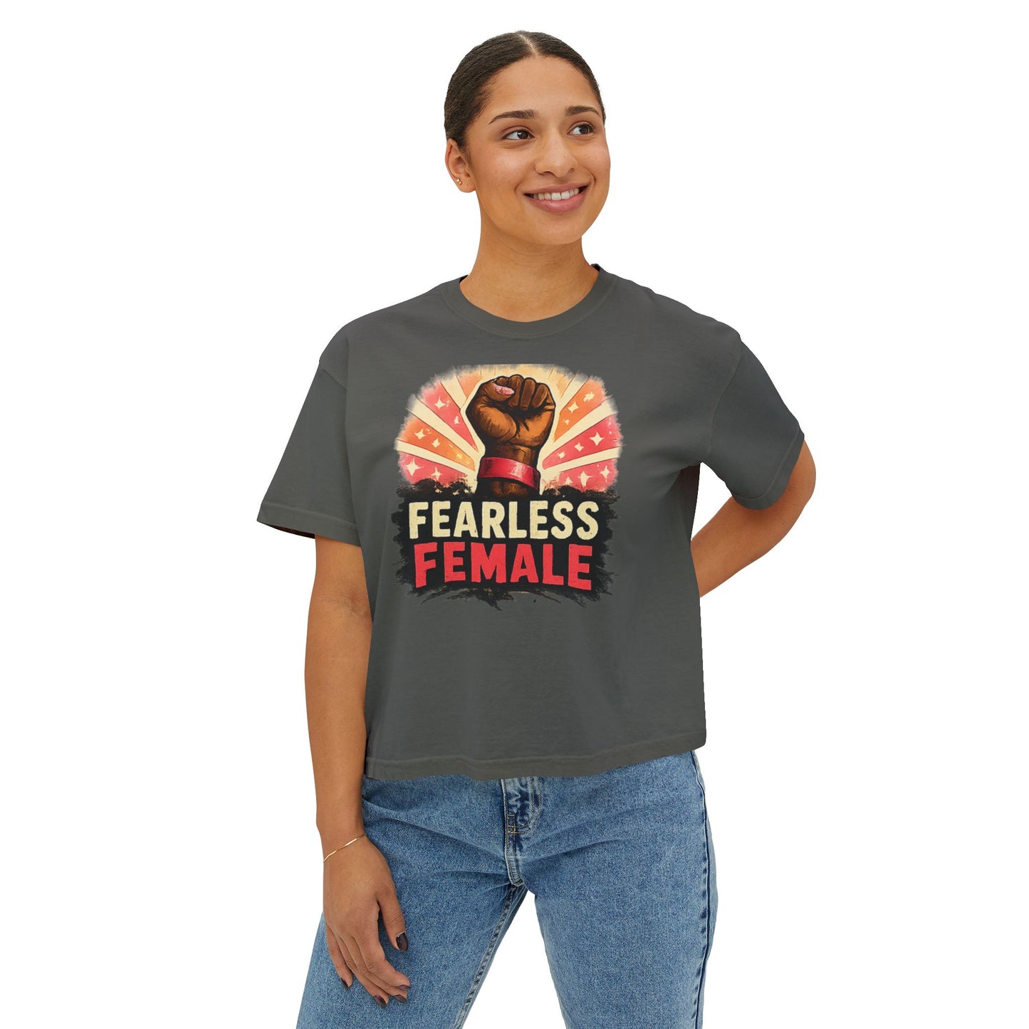 Fearless Female Boxy Tee — Empowerment T‑Shirt with Raised Fist Graphic