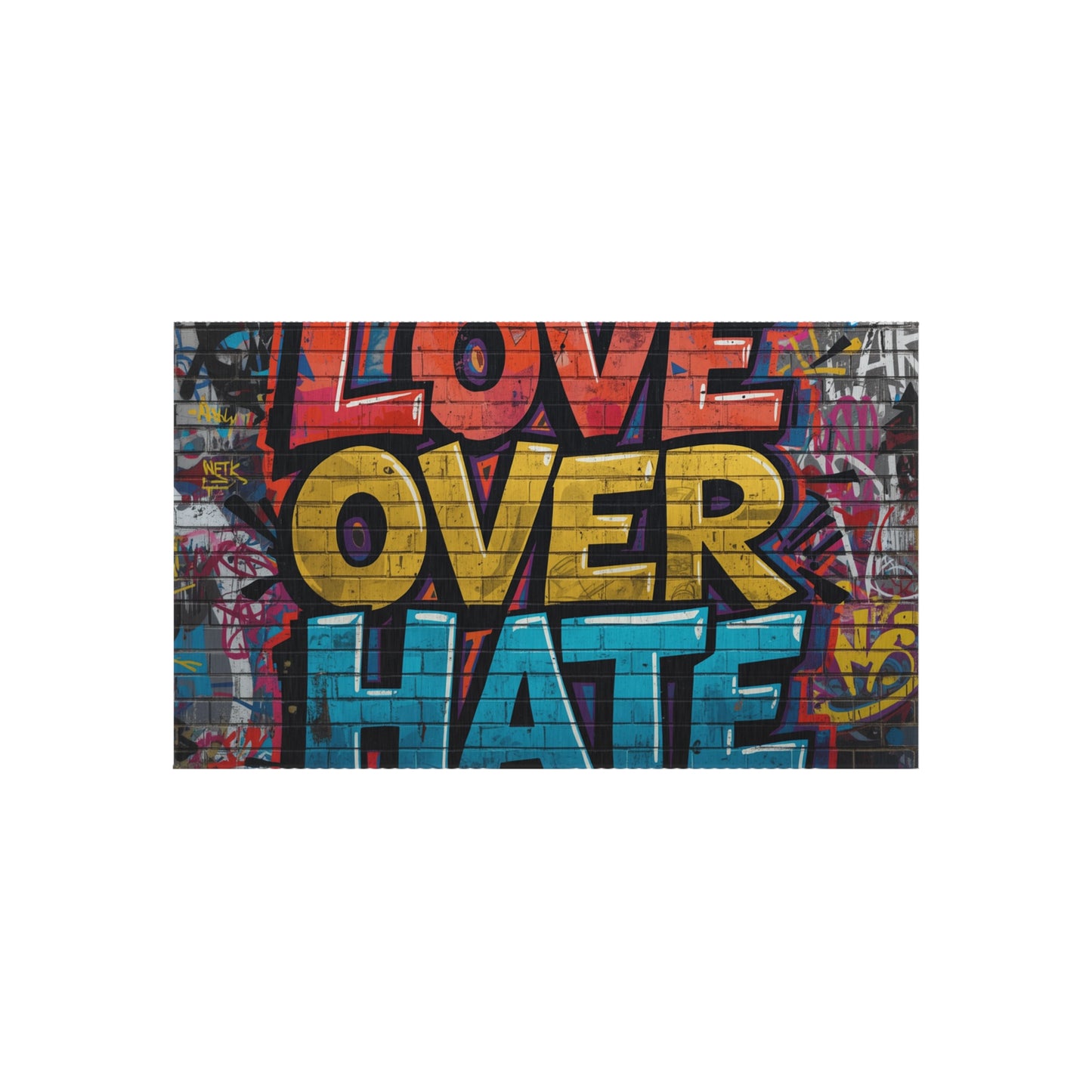 Love Over Hate Outdoor Rug — Colorful Graffiti Patio Mat