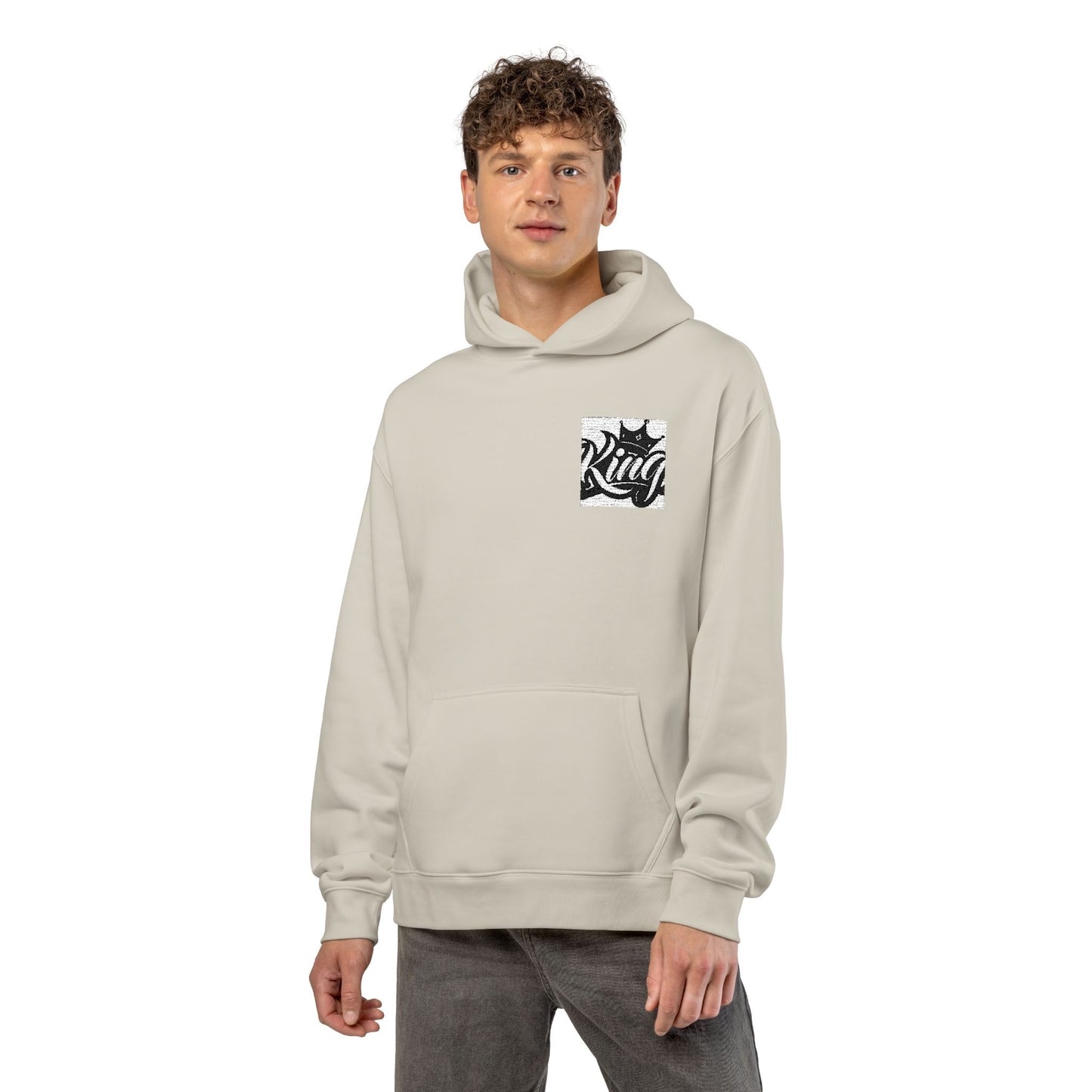 Relaxed Hoodie — Minimal Black Crown Chest Logo Hooded Sweatshirt