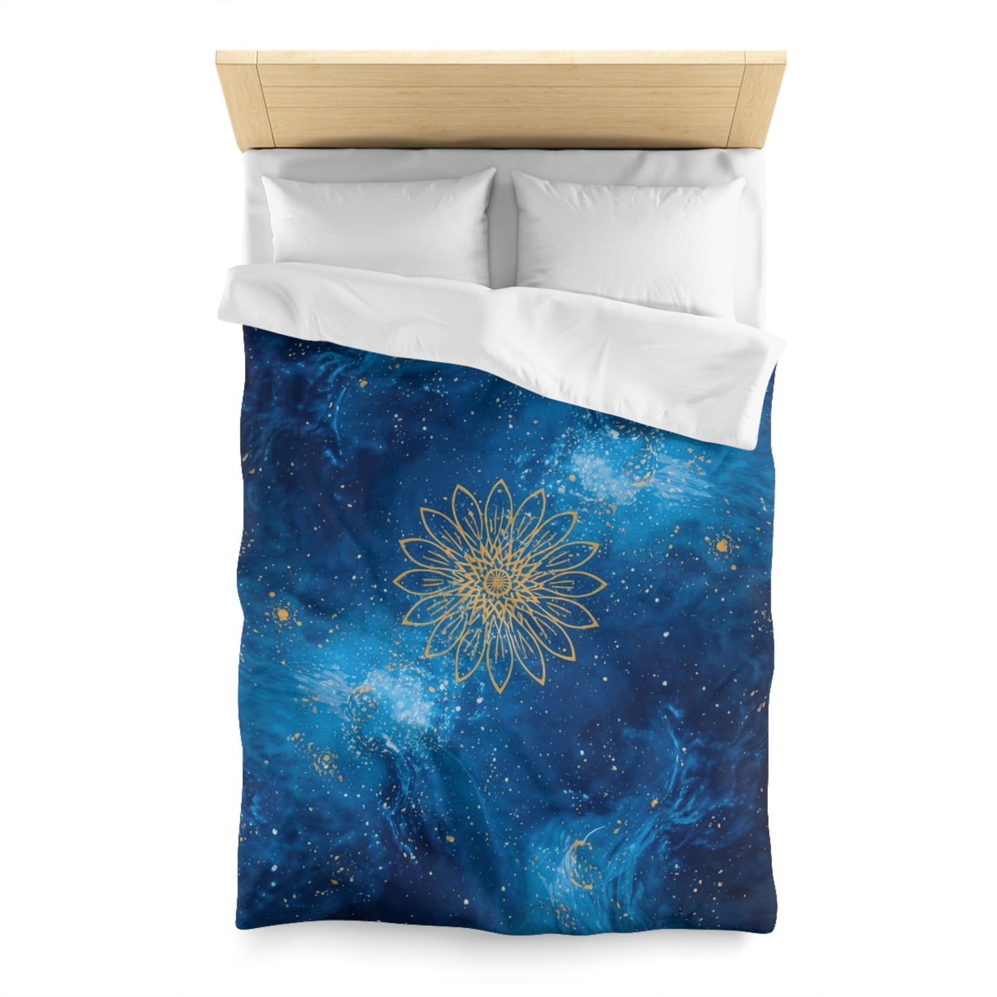 Galaxy Mandala Duvet Cover — Blue Cosmic Bedding with Gold Floral Mandala