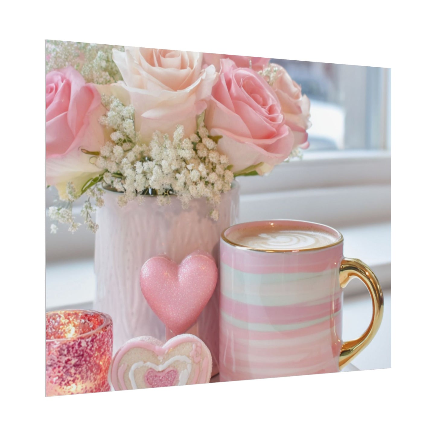 Pink Roses and Heart Mug Rolled Poster | Floral Coffee Still Life
