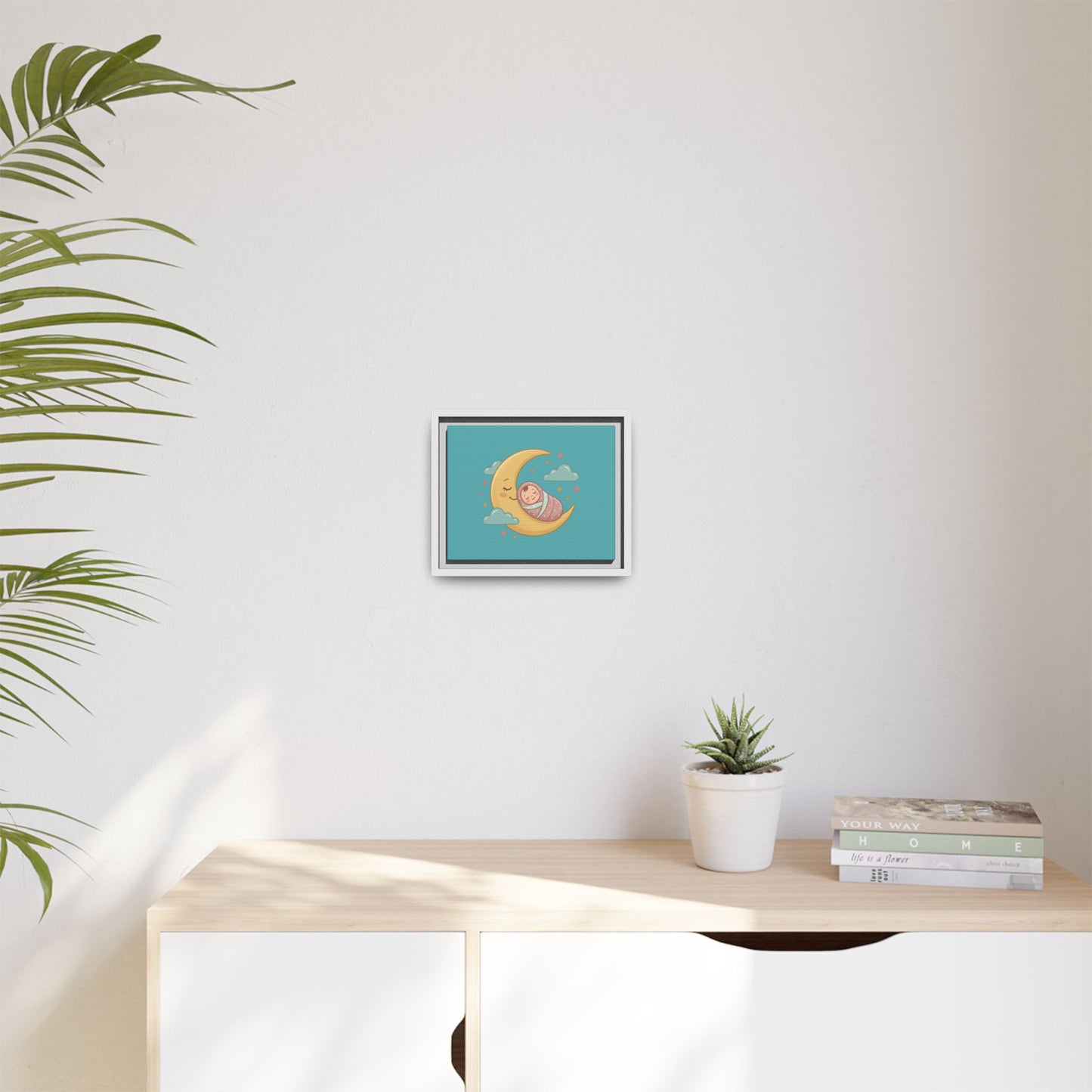 Framed Baby Moon Nursery Canvas – Cute Sleeping Baby on Crescent Moon Wall Art