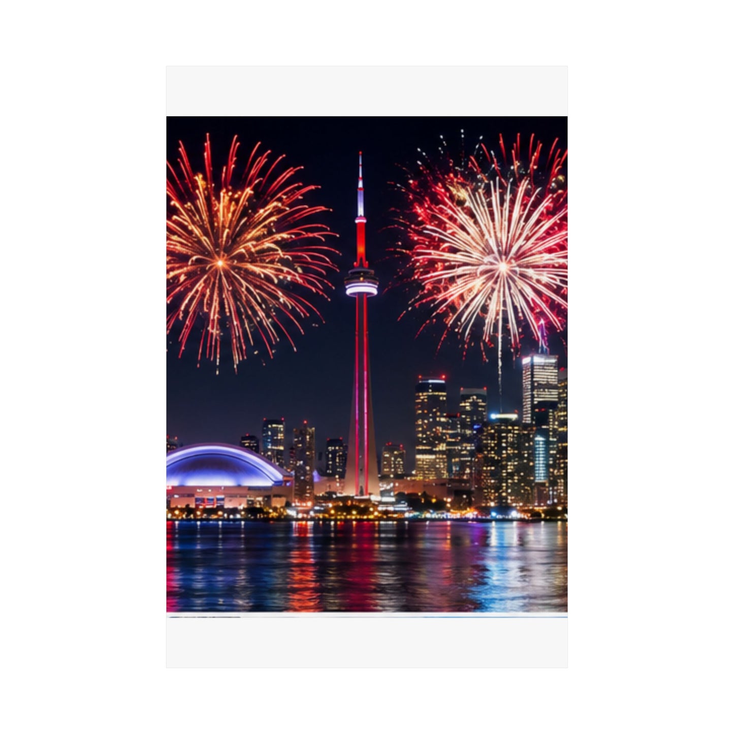 CN Tower Fireworks Matte Vertical Poster — Toronto Skyline Night Celebration Wall Art
