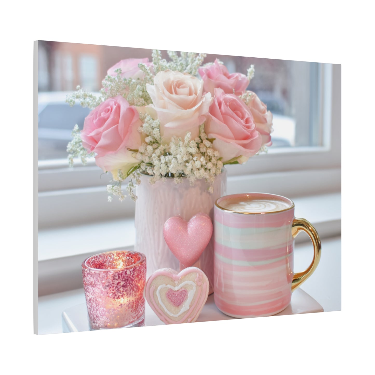 Pink Rose Bouquet with Mug Canvas