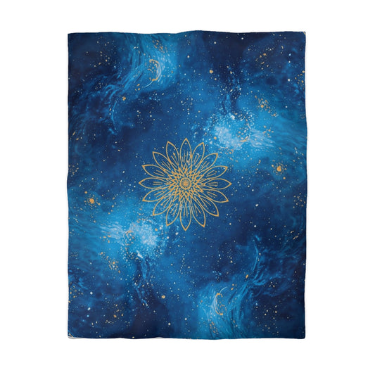Galaxy Mandala Duvet Cover — Blue Cosmic Bedding with Gold Floral Mandala