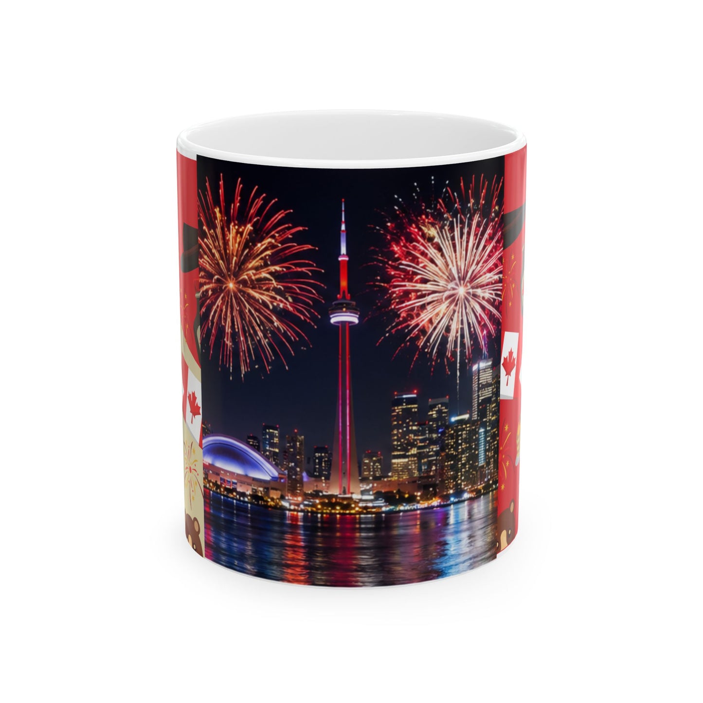 Canada Cityscape Fireworks Mug — Happy Canada Day Ceramic Coffee Cup (11oz/15oz)