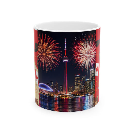 Canada Cityscape Fireworks Mug — Happy Canada Day Ceramic Coffee Cup (11oz/15oz)