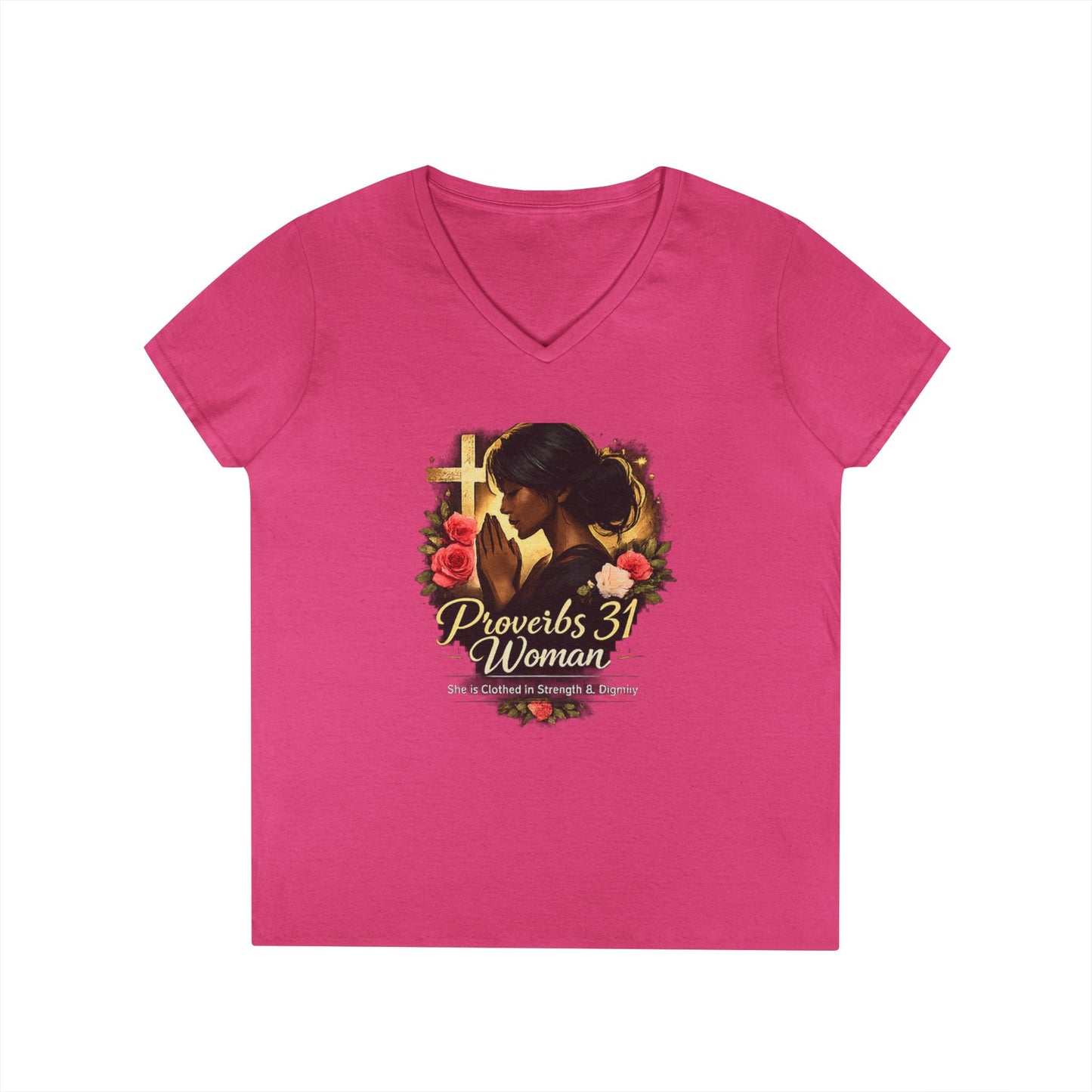Proverbs 31 Woman V-Neck Tee — Faithful Christian Ladies Floral Shirt