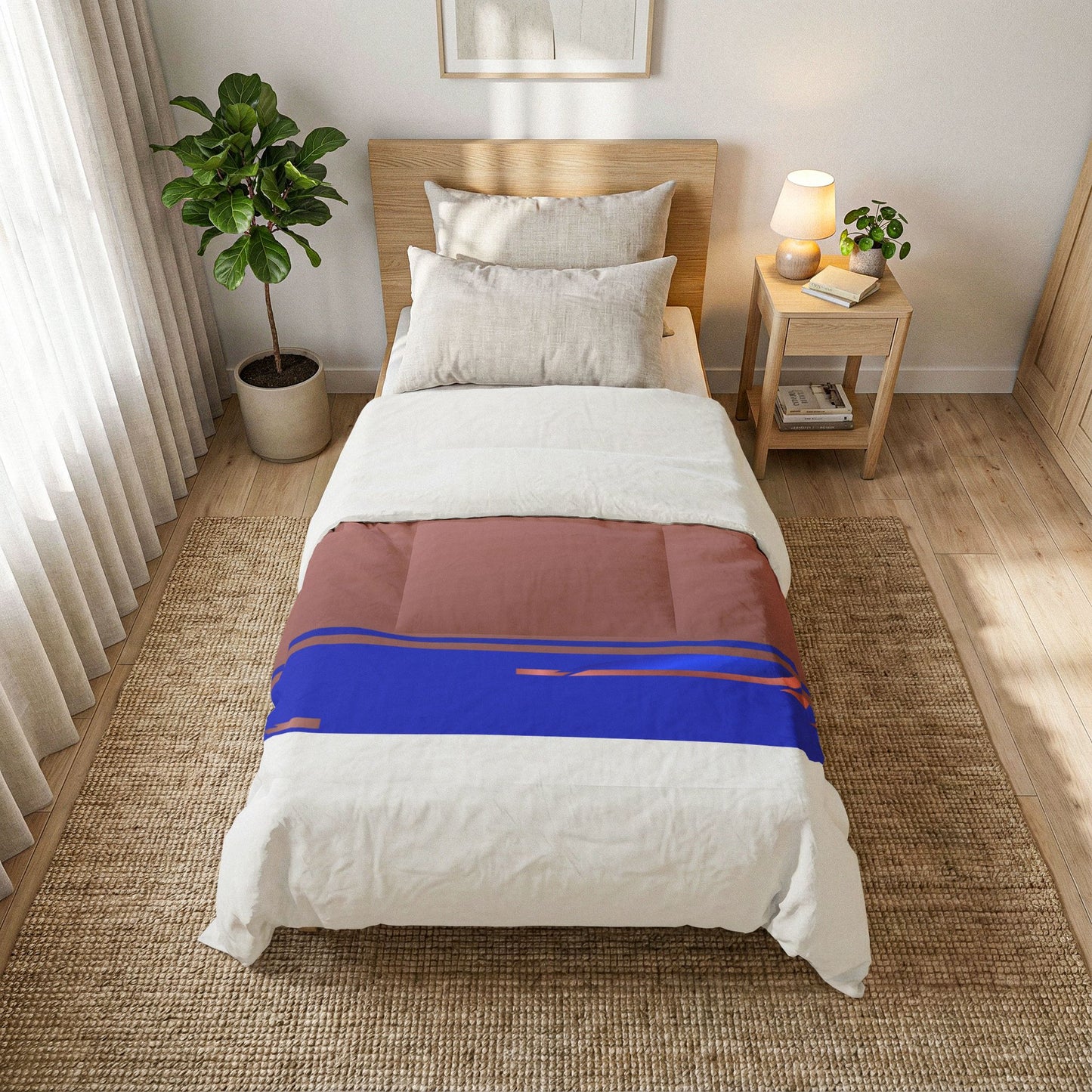 Golden Ribbon Cotton Comforter – Modern Minimalist Bedspread with Blue & Red Accents