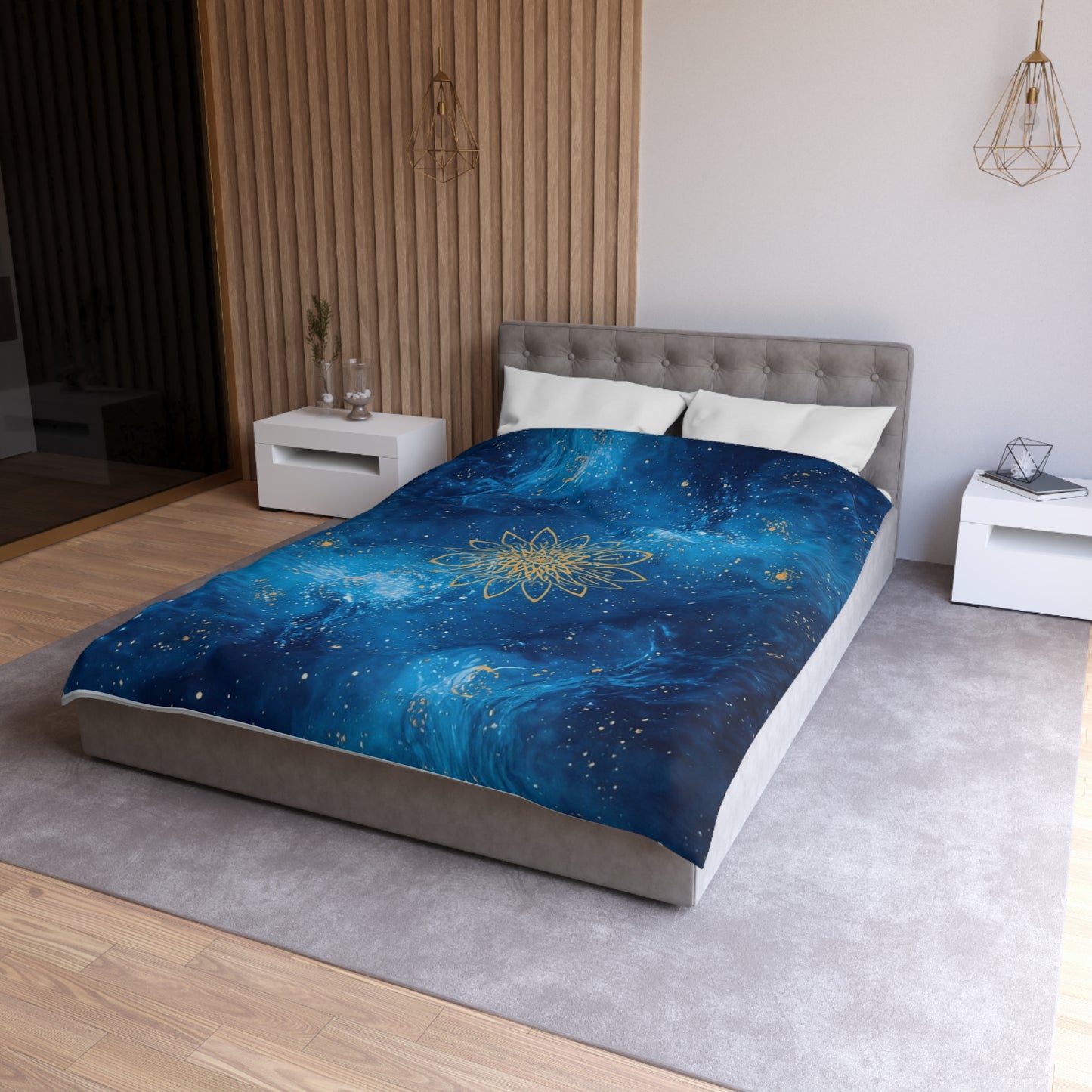 Galaxy Mandala Duvet Cover — Blue Cosmic Bedding with Gold Floral Mandala