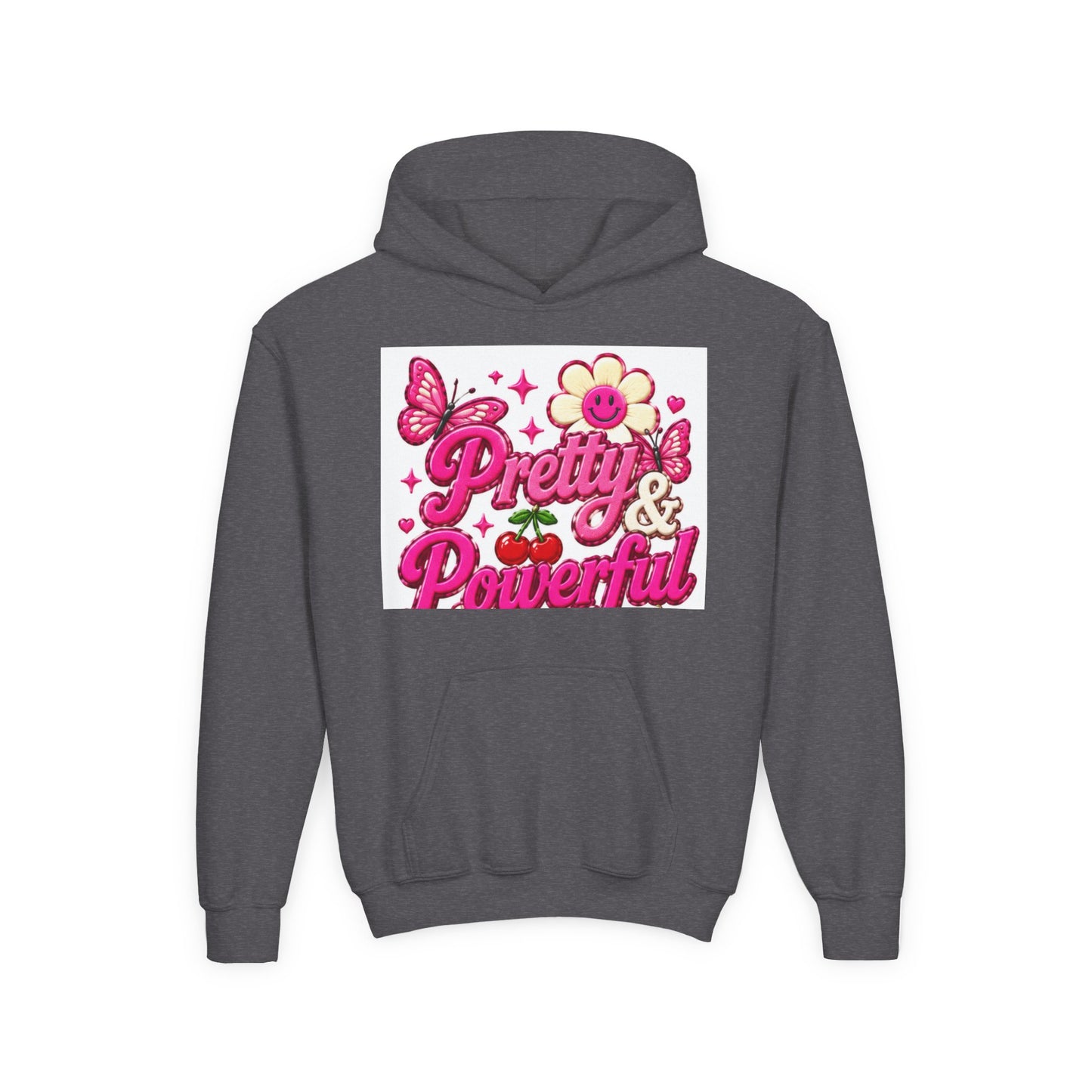 Pretty & Powerful Youth Hoodie | Pink Flower Butterfly Design