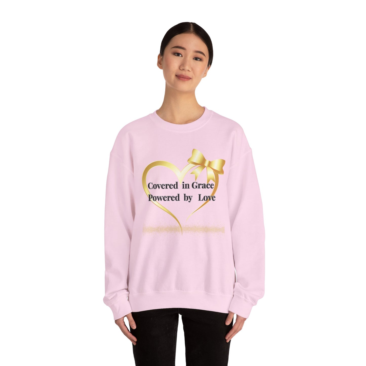 Crewneck Sweatshirt — "Covered in Grace Powered by Love" Gold Heart Design