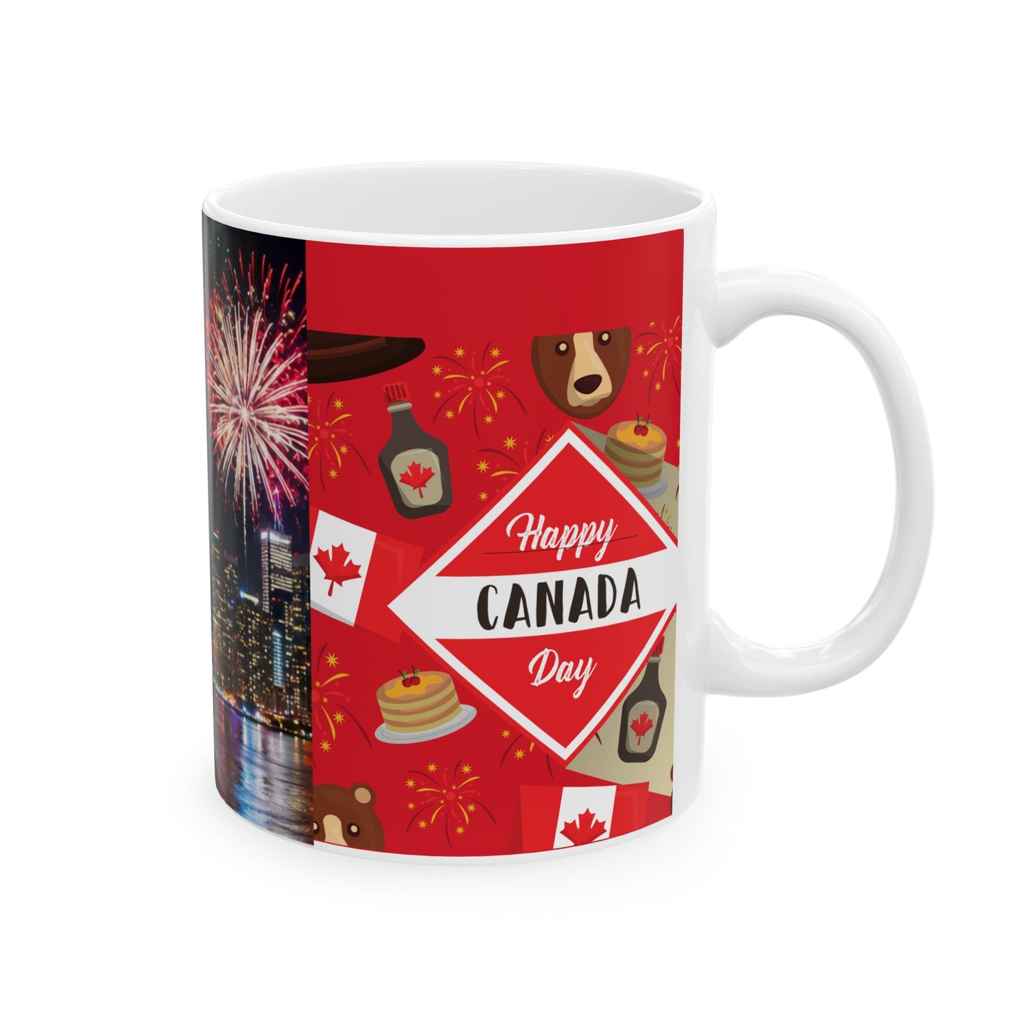 Canada Cityscape Fireworks Mug — Happy Canada Day Ceramic Coffee Cup (11oz/15oz)