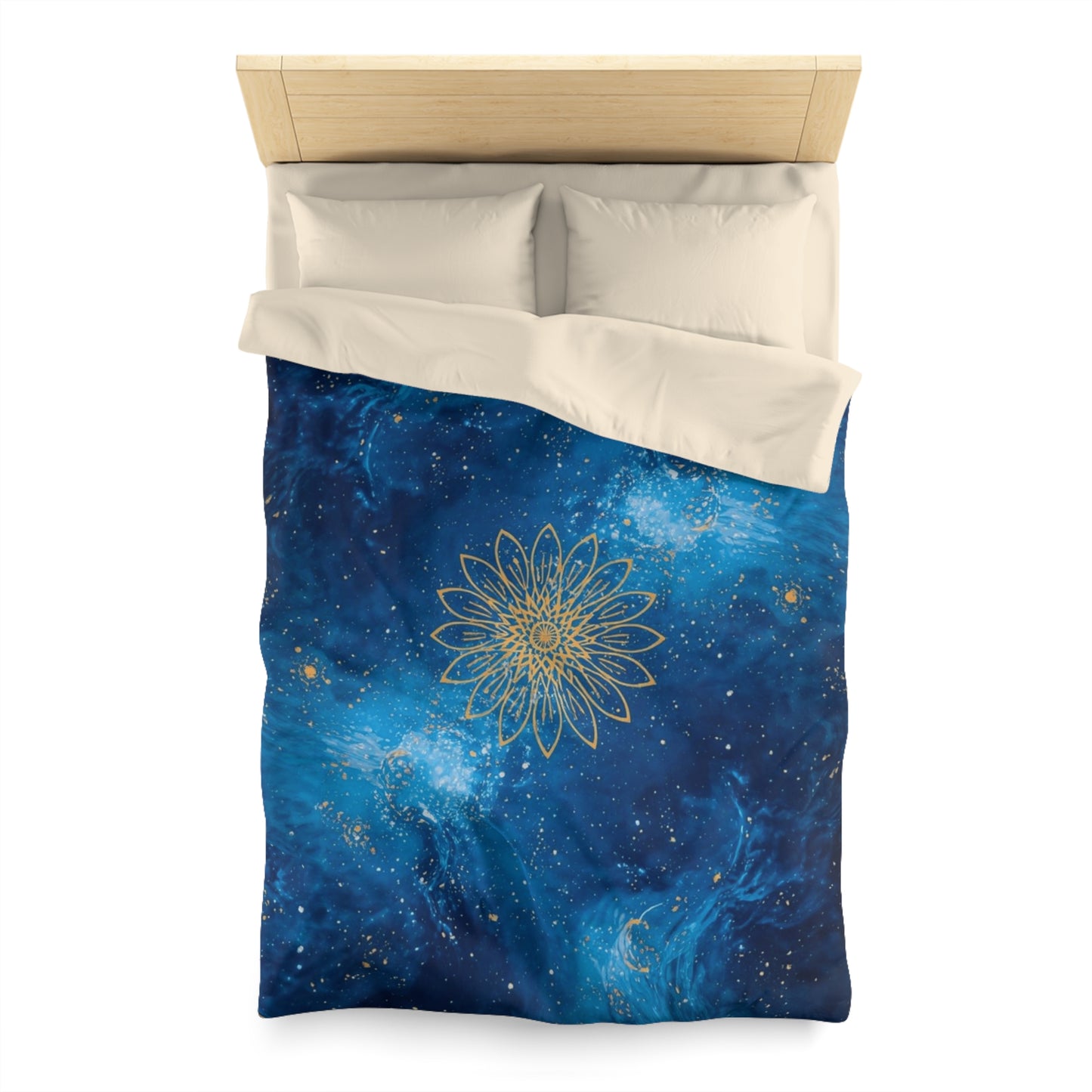 Galaxy Mandala Duvet Cover — Blue Cosmic Bedding with Gold Floral Mandala