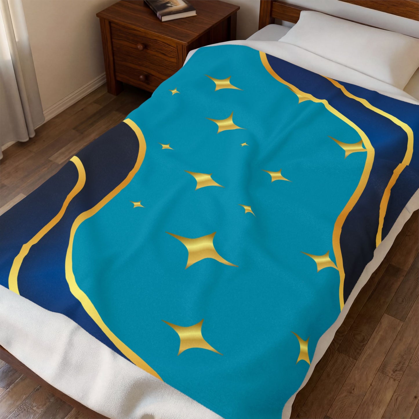 Plush Blanket — Teal & Gold Abstract Starry Wave Throw