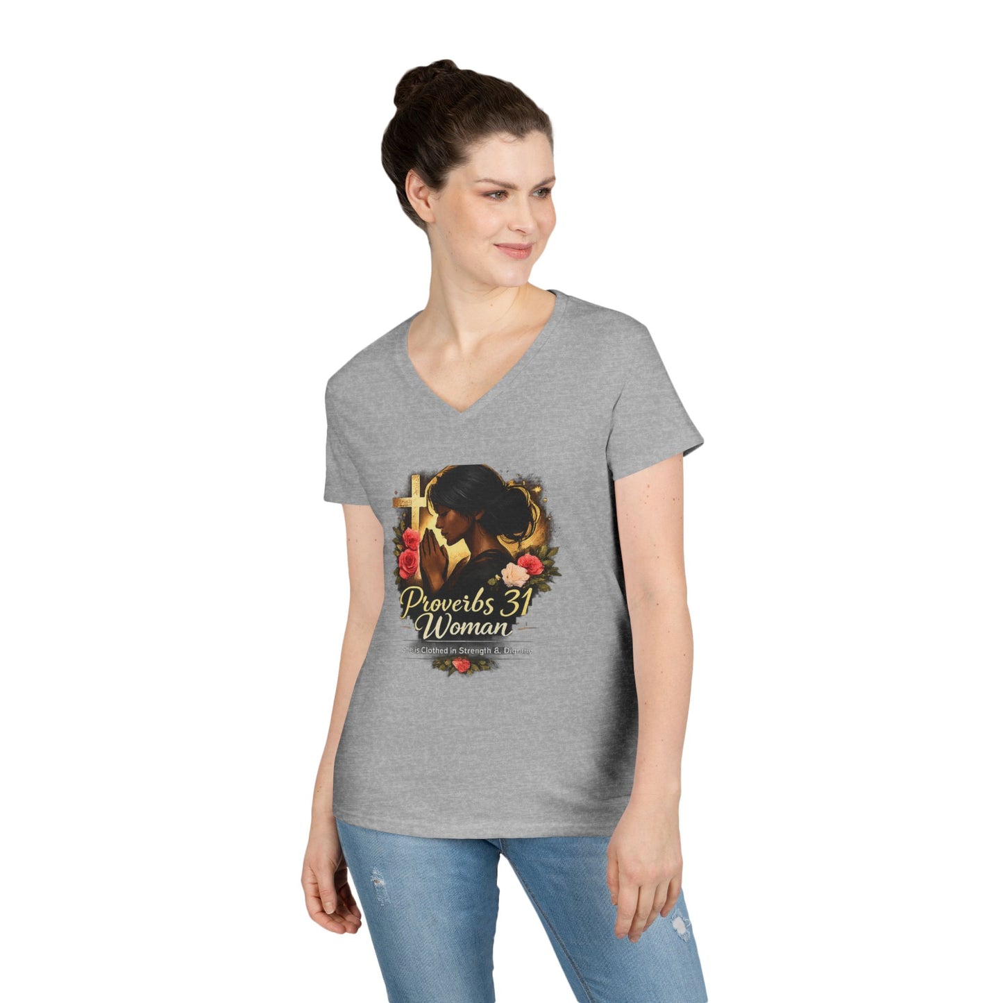Proverbs 31 Woman V-Neck Tee — Faithful Christian Ladies Floral Shirt