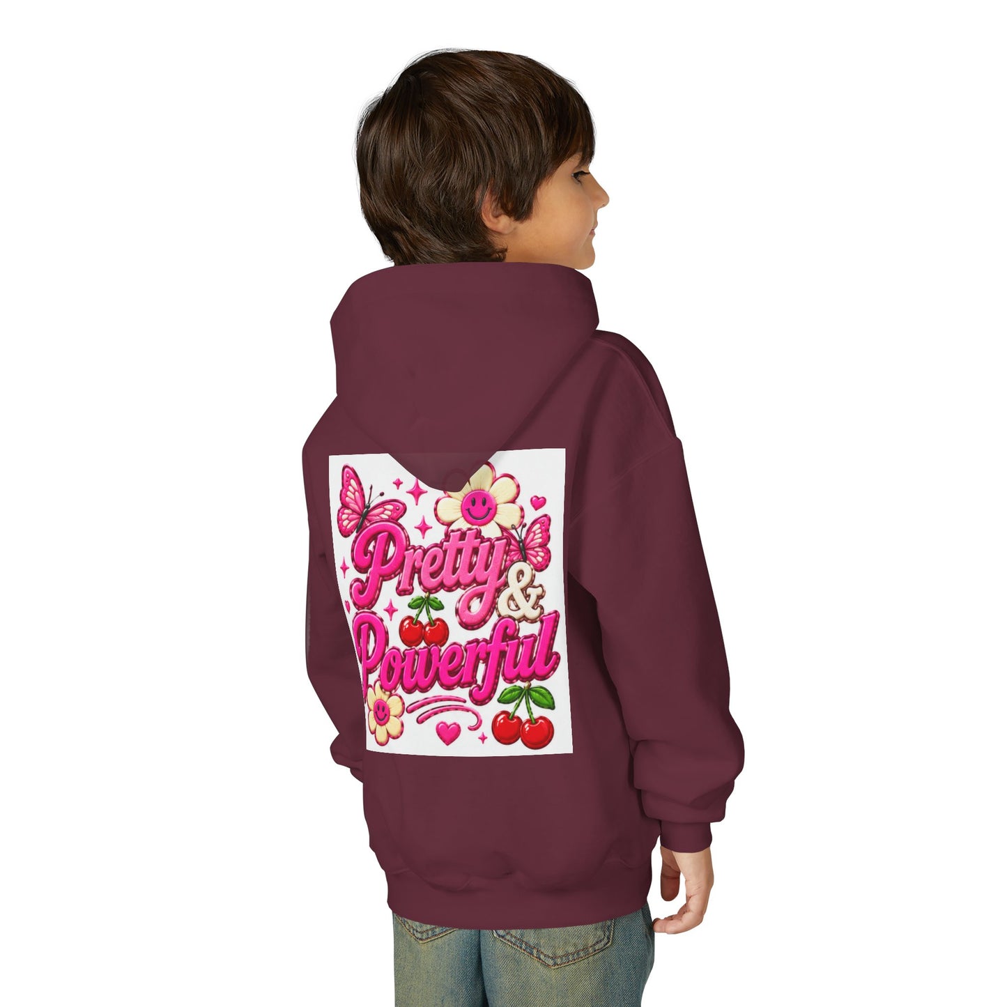 Pretty & Powerful Youth Hoodie | Pink Flower Butterfly Design