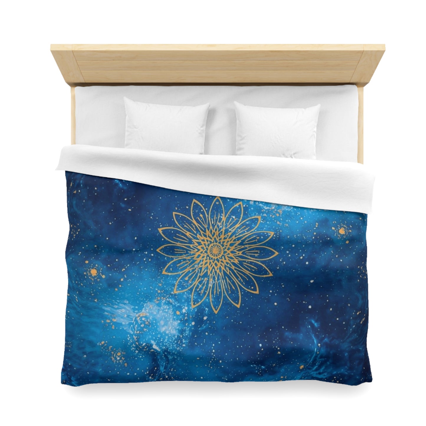 Galaxy Mandala Duvet Cover — Blue Cosmic Bedding with Gold Floral Mandala