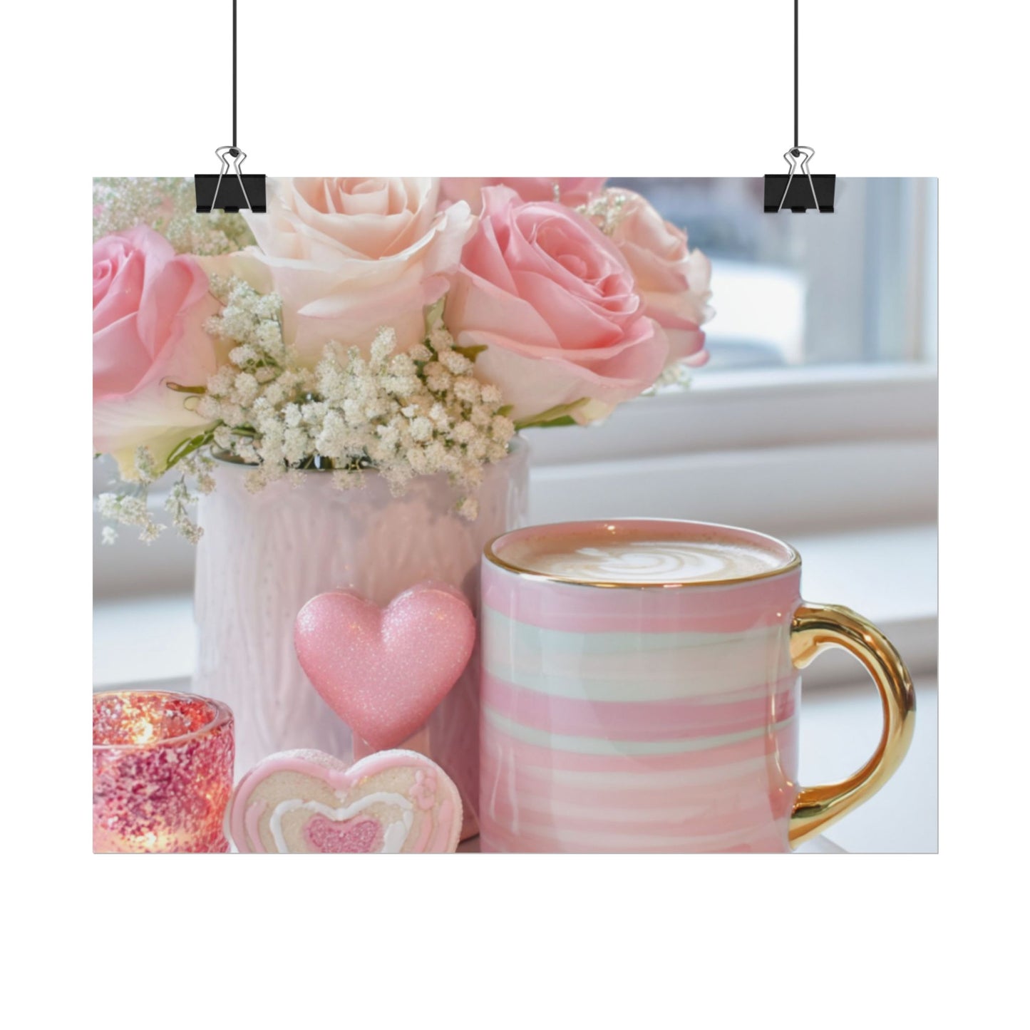 Pink Roses and Heart Mug Rolled Poster | Floral Coffee Still Life