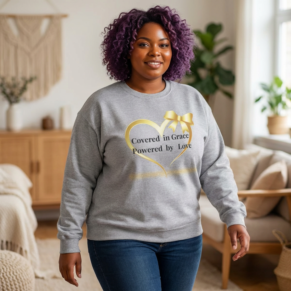 Crewneck Sweatshirt — "Covered in Grace Powered by Love" Heart Design