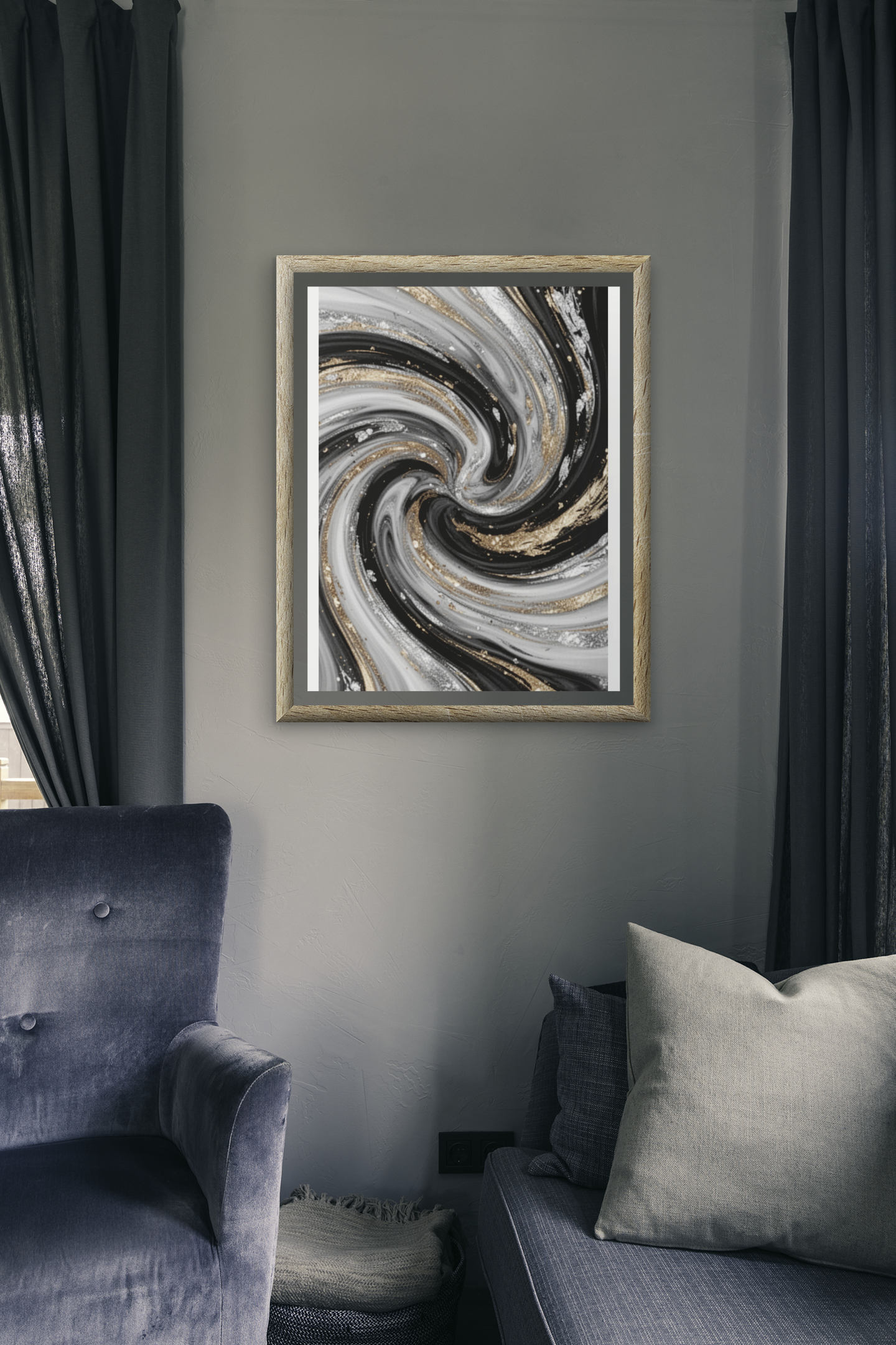 Gold Marble Swirl Canvas  Black White Abstract Wall Art