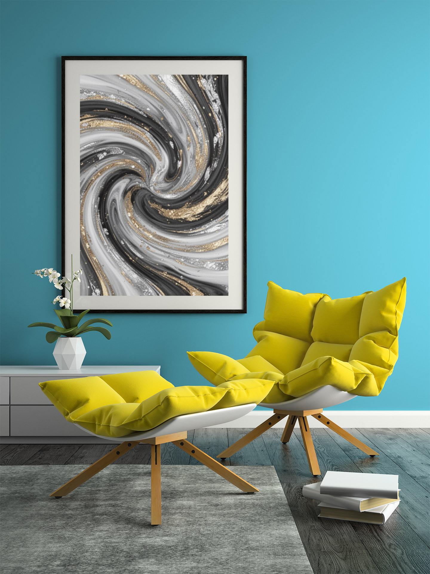 Gold Marble Swirl Canvas  Black White Abstract Wall Art