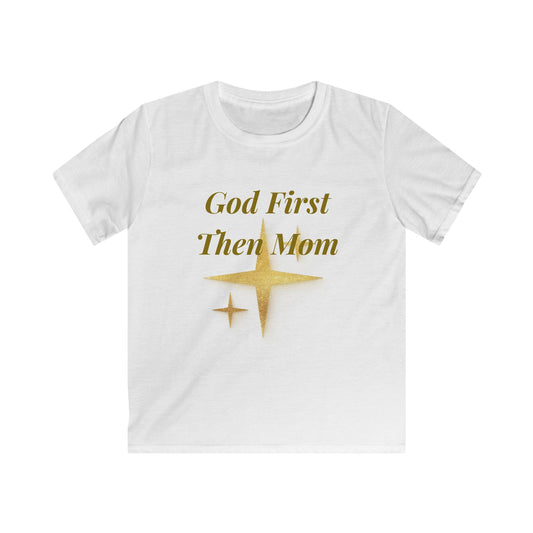 Kids Tee — "God First Then Mom" Gold Star Faith Shirt