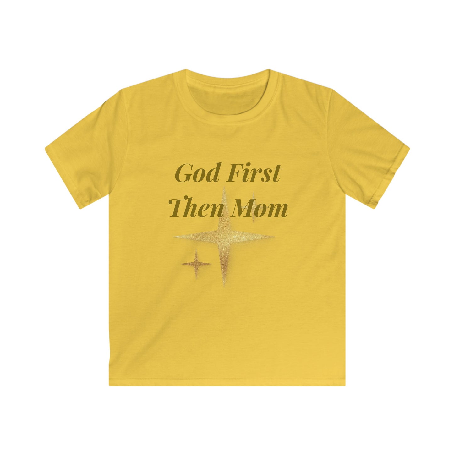 Kids Tee — "God First Then Mom" Gold Star Faith Shirt