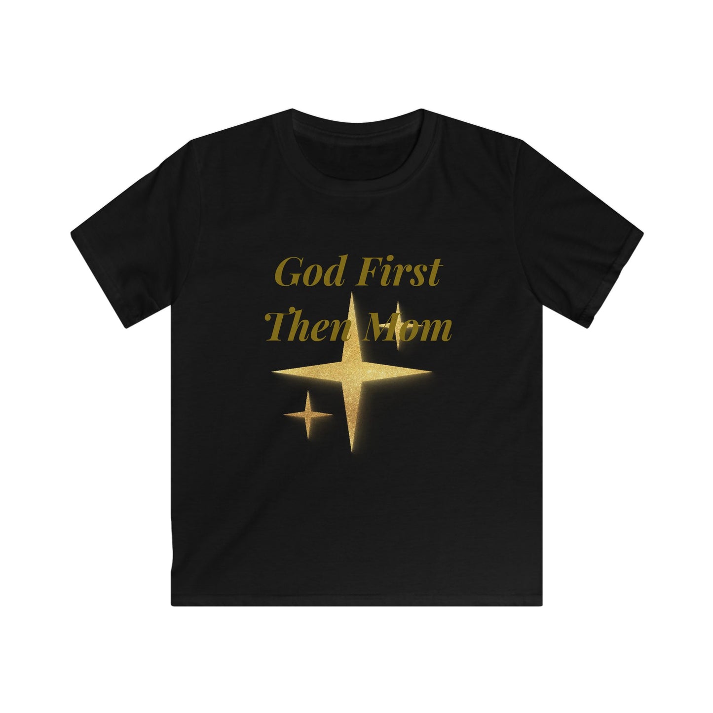 Kids Tee — "God First Then Mom" Gold Star Faith Shirt