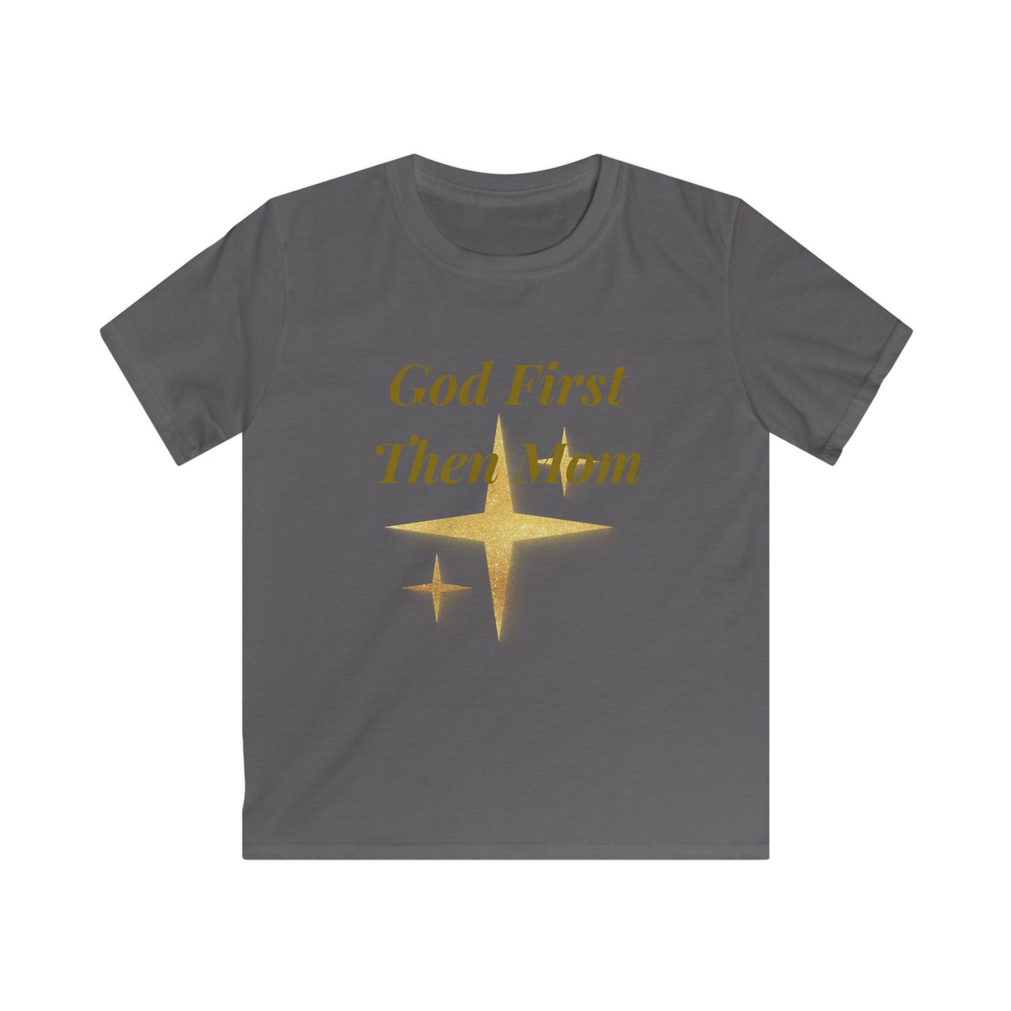 Kids Tee — "God First Then Mom" Gold Star Faith Shirt