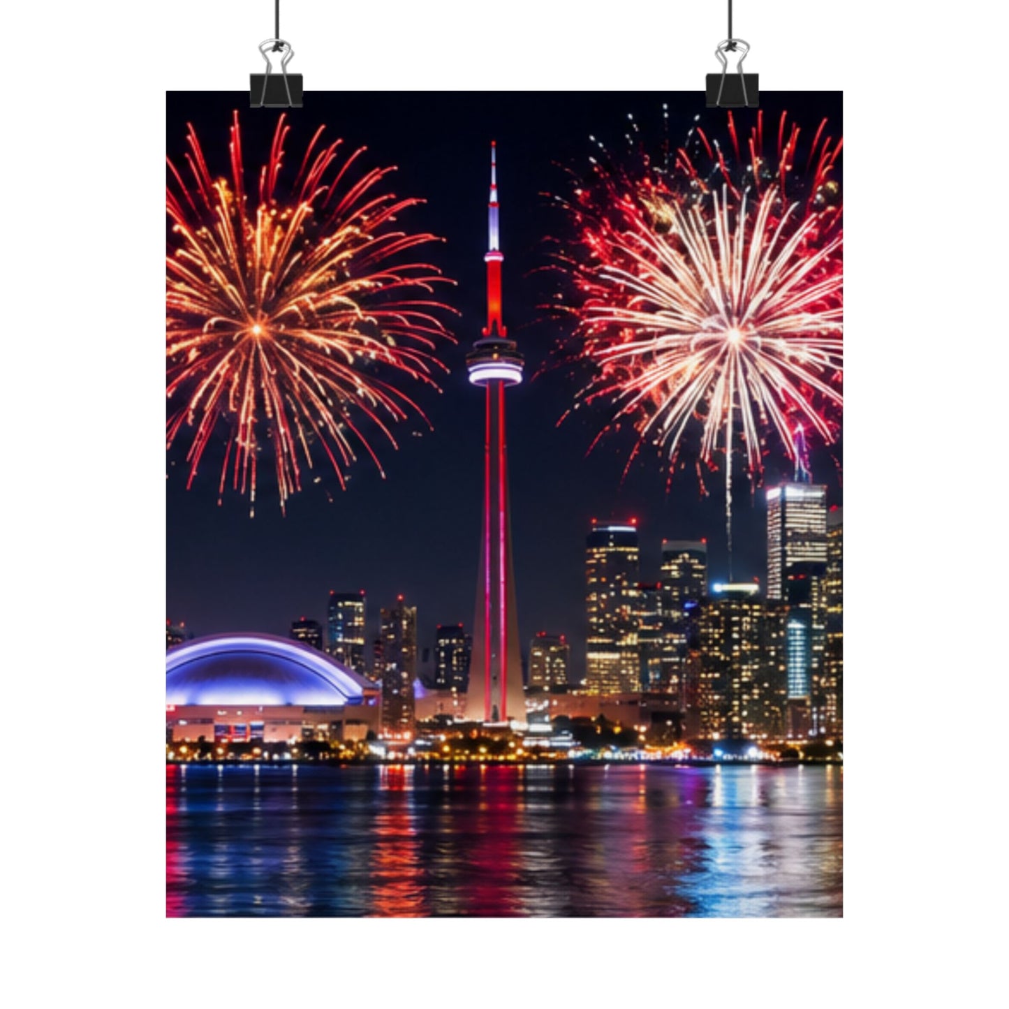 CN Tower Fireworks Matte Vertical Poster — Toronto Skyline Night Celebration Wall Art