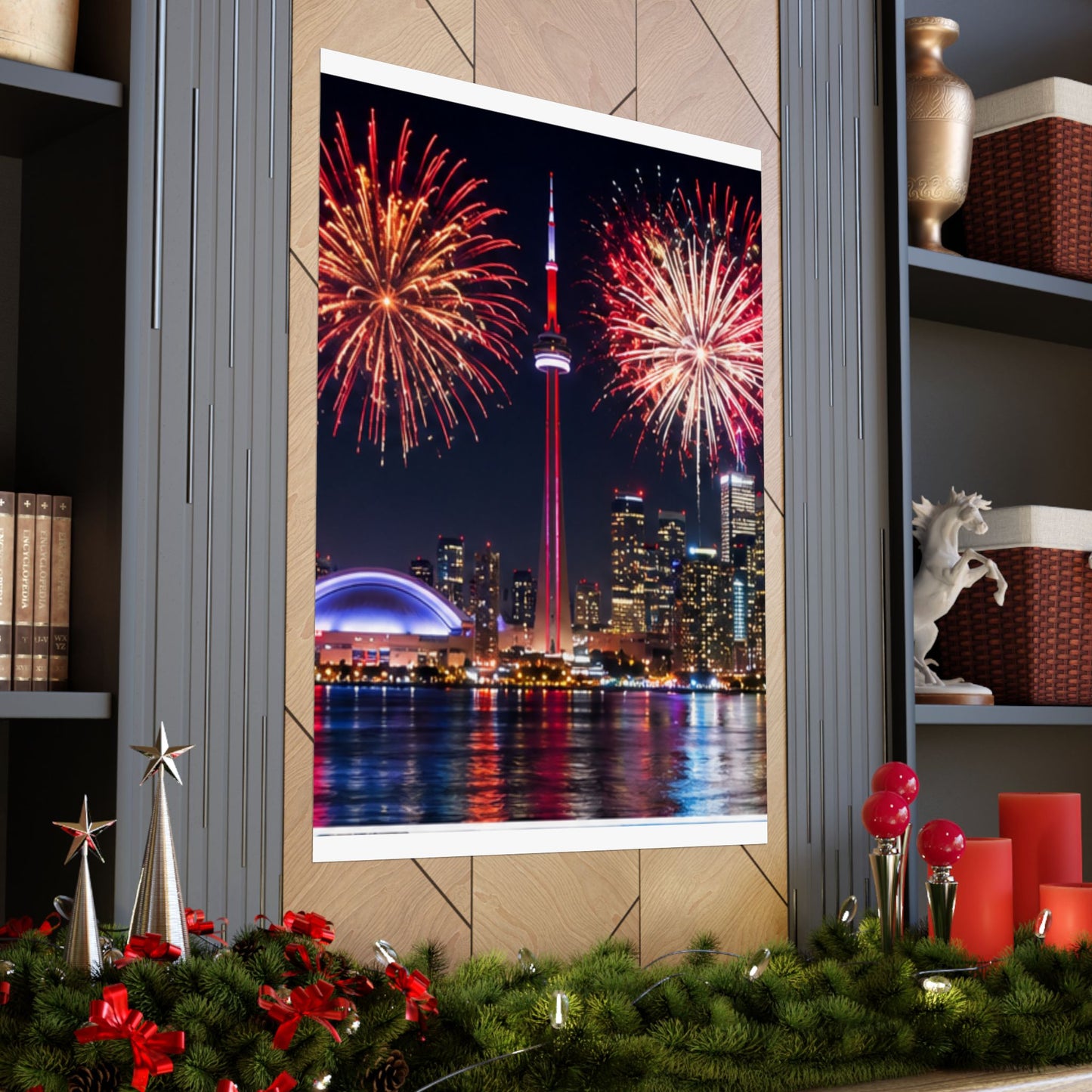 CN Tower Fireworks Matte Vertical Poster — Toronto Skyline Night Celebration Wall Art