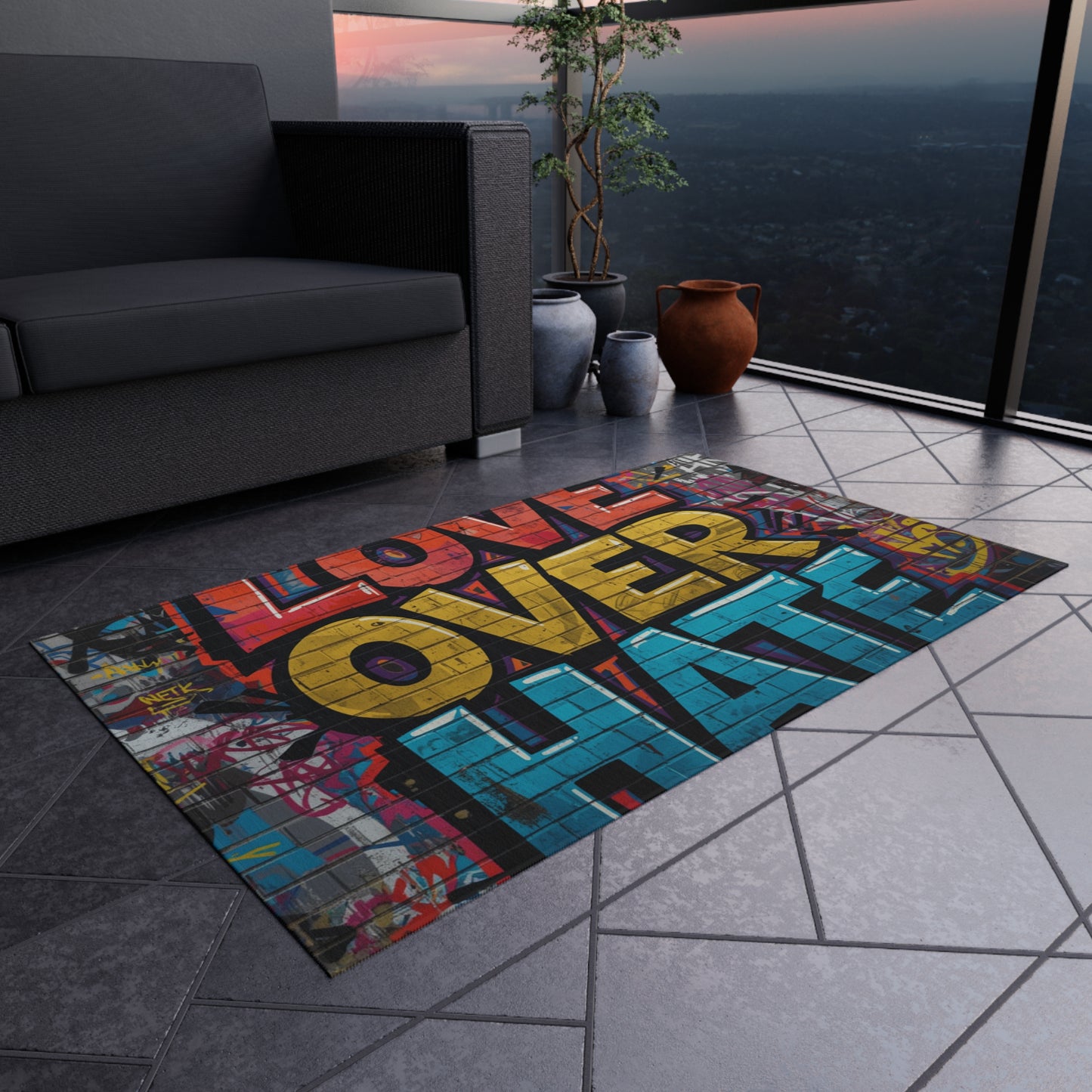 Love Over Hate Outdoor Rug — Colorful Graffiti Patio Mat