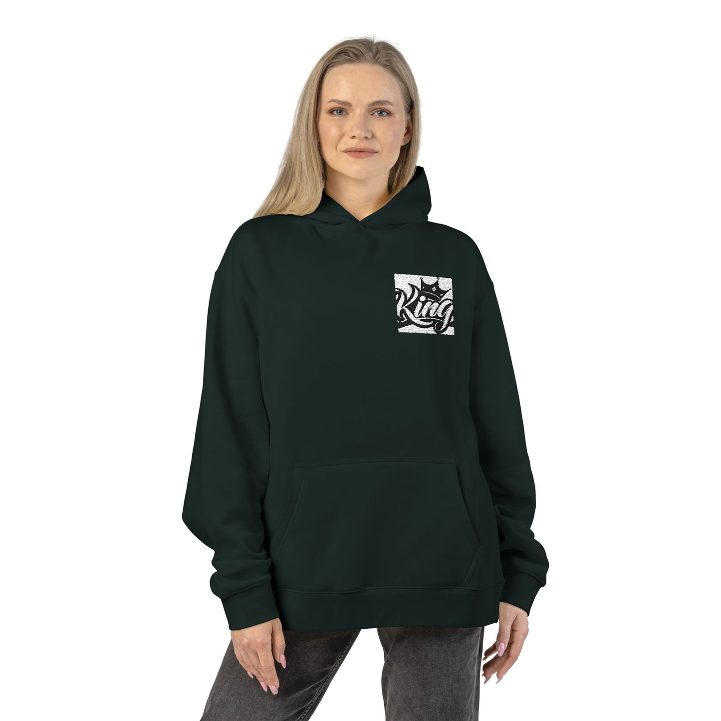 Relaxed Hoodie — Minimal Black Crown Chest Logo Hooded Sweatshirt