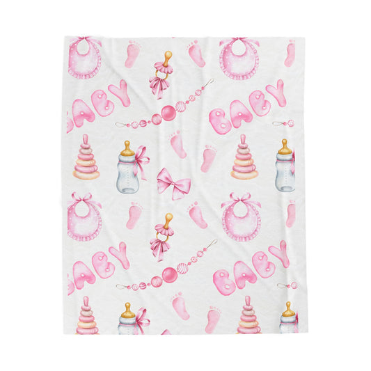 Baby Girl Velveteen Plush Blanket — Pink Baby Shower Keepsake