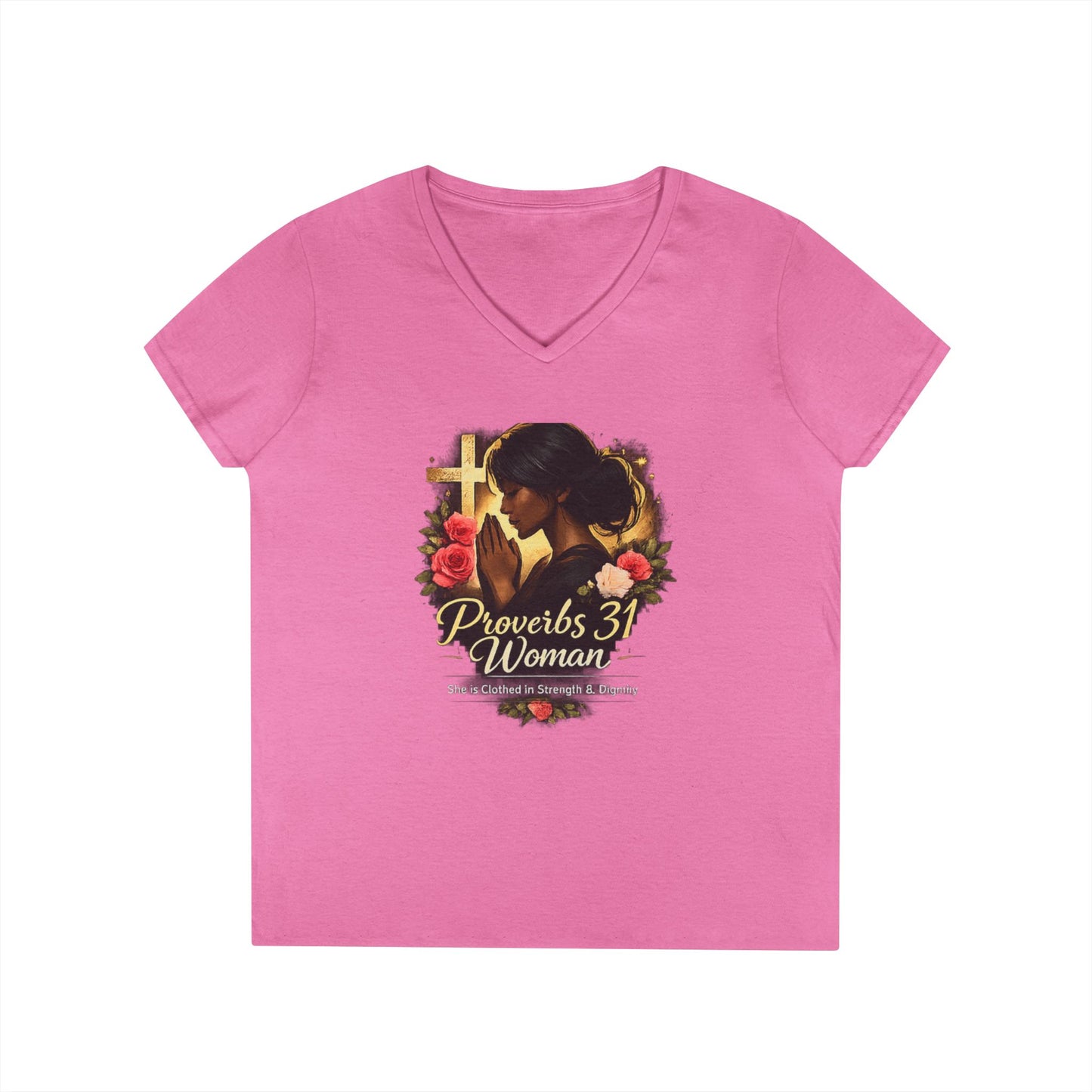Proverbs 31 Woman V-Neck Tee — Faithful Christian Ladies Floral Shirt