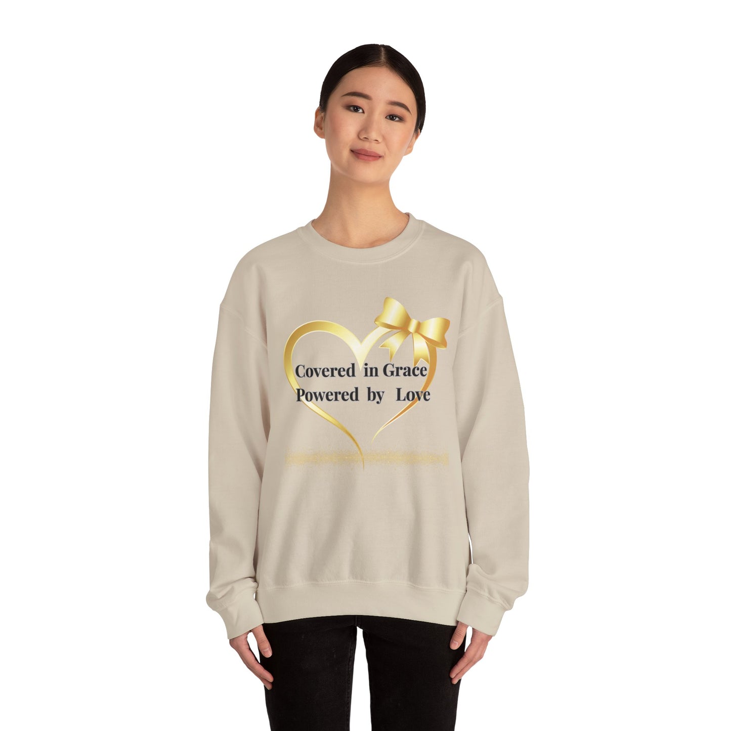 Crewneck Sweatshirt — "Covered in Grace Powered by Love" Gold Heart Design